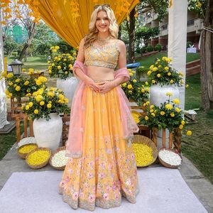 Lashkaraa Yellow and Pink Floral Printed Lehenga
